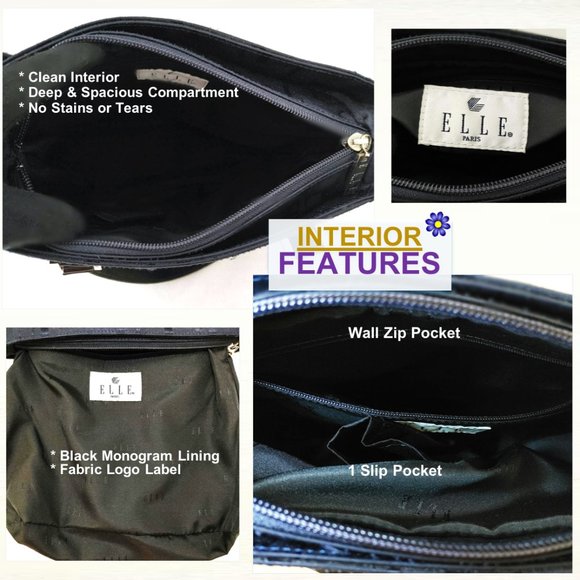 ELLE Paris Blue Nylon Tote Shoulder Bag Black Leather Handle Front Pocket ZipTop - Picture 7 of 10